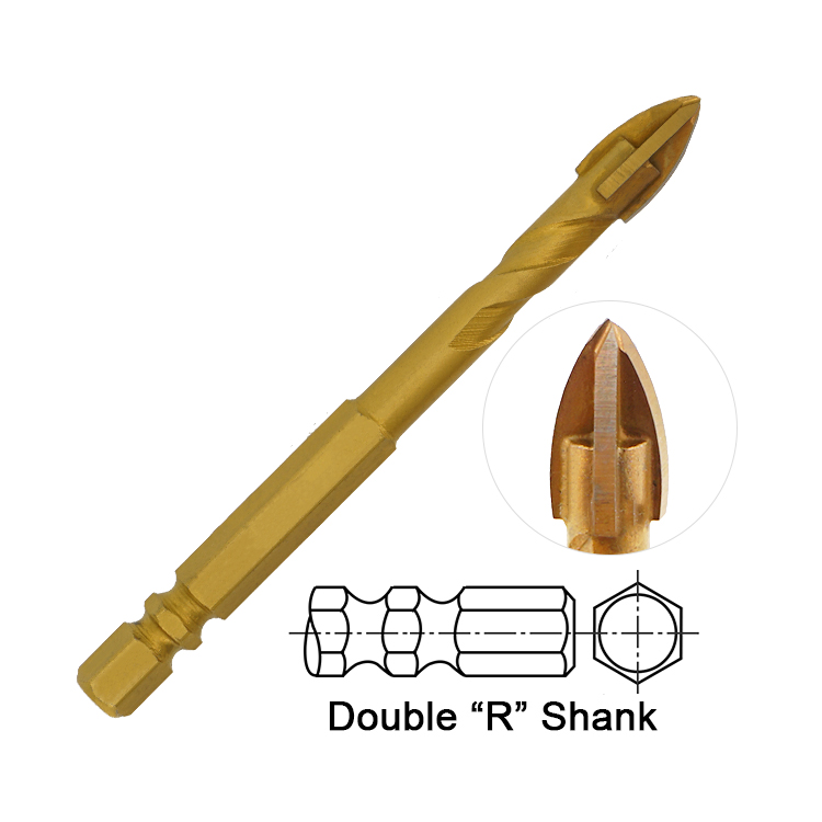 Titanium Coated Double R Hex Shank Cross Carbide Tip Glass Drill Bit with Flute 