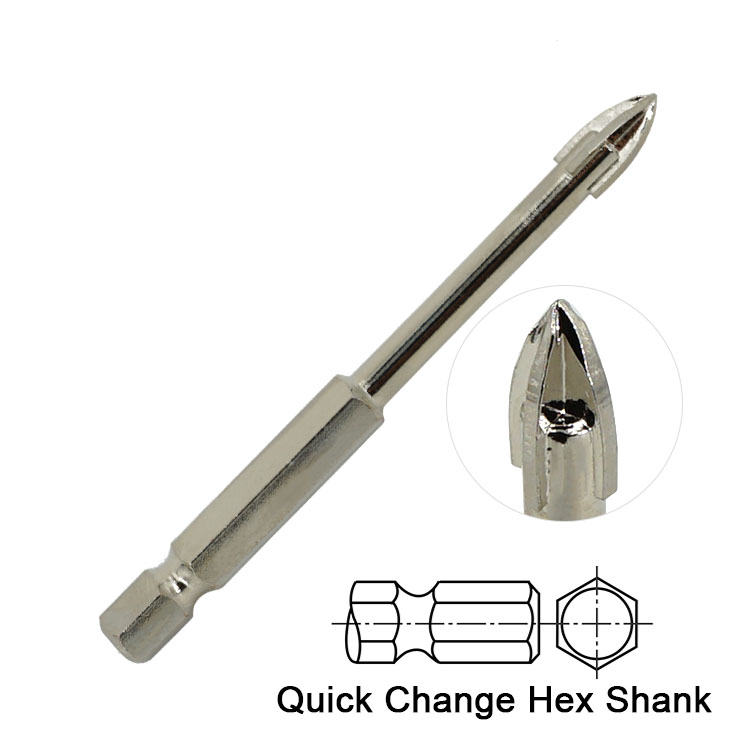 Nickel Plated Hex Shank Cross Carbide Tip Glass Drill Bit 