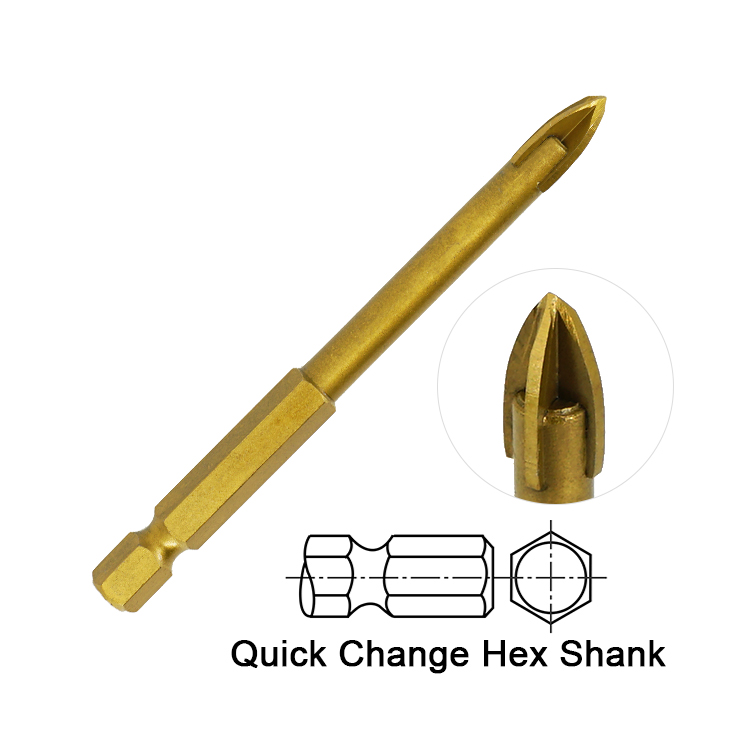Titanium Coated Hex Shank Cross Carbide Tip Glass Drill Bit 